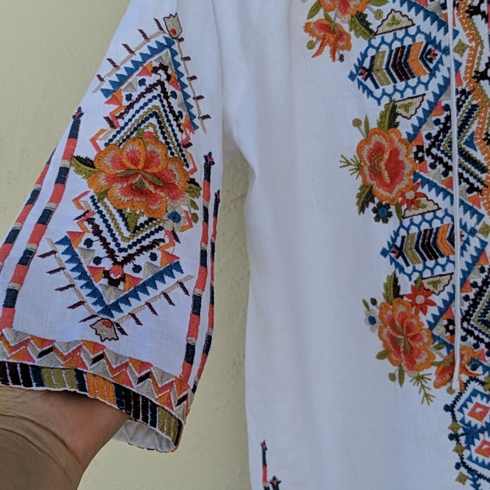 Johnny Was White Blouse with Orange Floral Embroidery - Picture 5 of 13